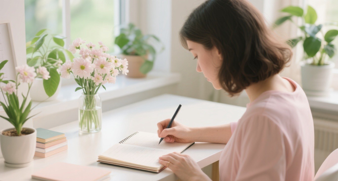 Person schreibt in ein Notizbuch mit Frühlingsblumen, Zielsetzung und Planung