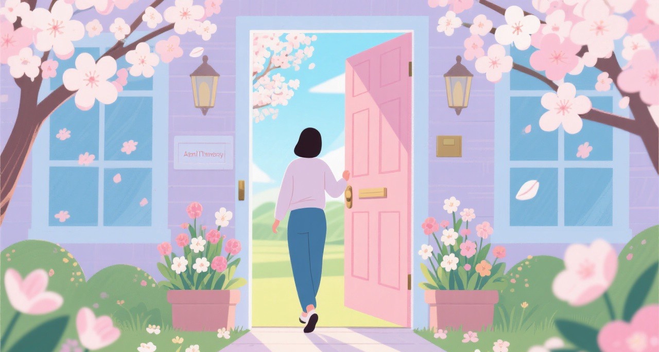 A welcoming spring doorway with flowers, a person stepping through into bright spring day, representing beginners starting April Theory