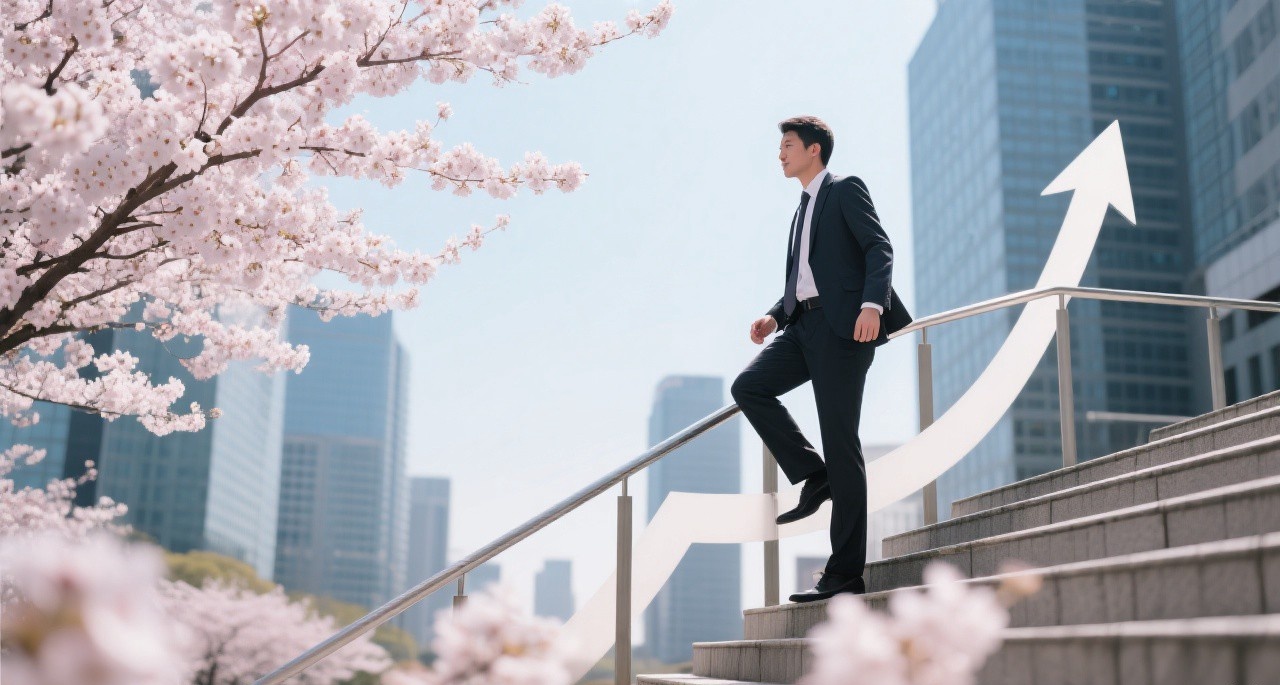 A professional climbing stairs toward success with spring cityscape background, representing career growth