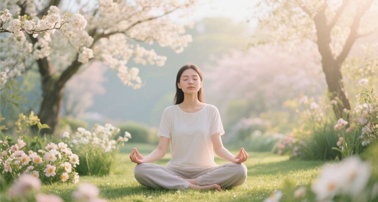 Peaceful woman meditating in spring garden with blooming flowers