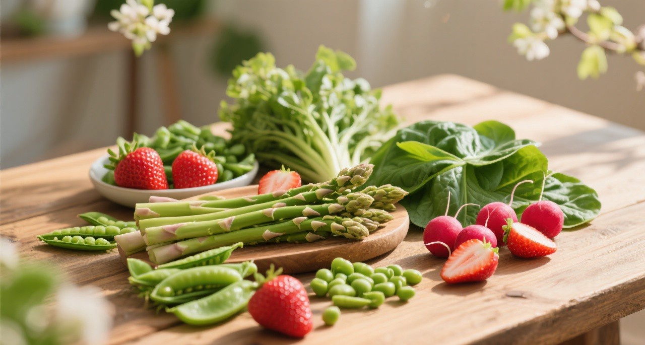 Fresh spring vegetables and fruits arranged beautifully with sunlight, representing healthy spring eating and April Theory diet