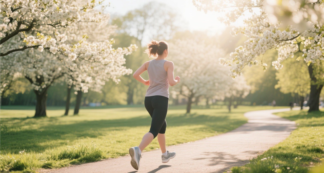A person running outdoors on a spring morning park path with blooming trees, representing spring fitness