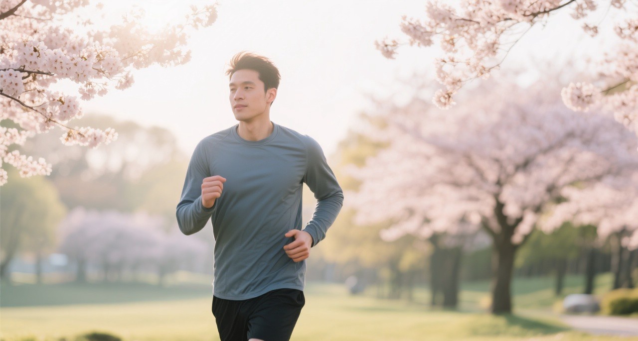 Confident man jogging outdoors in spring park with cherry blossoms