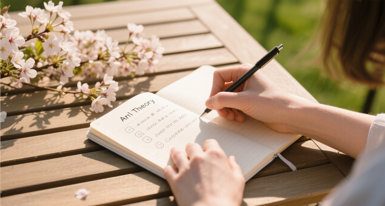 A person writing goals in a journal on an outdoor table with spring flowers, representing spring goal setting