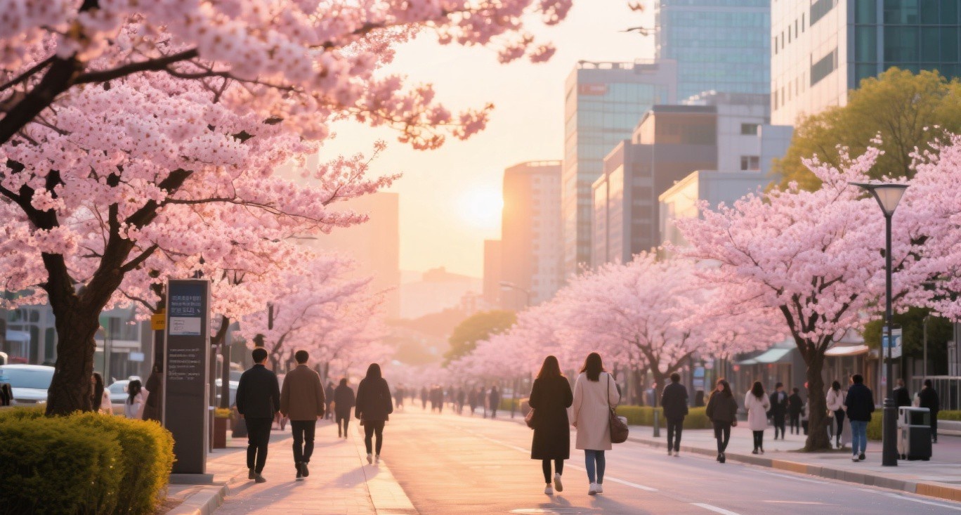 美丽的春日场景，韩国樱花与现代城市景观