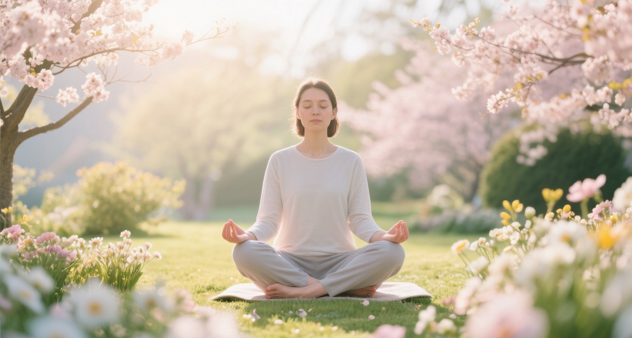 A peaceful person meditating outdoors in a spring garden, representing mental wellness and spring renewal