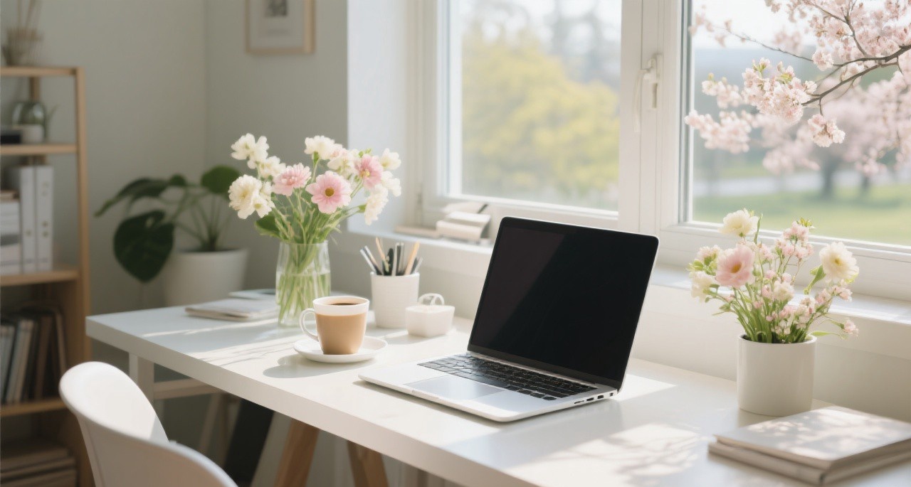 A productive workspace near a window with spring view and natural light, representing spring productivity