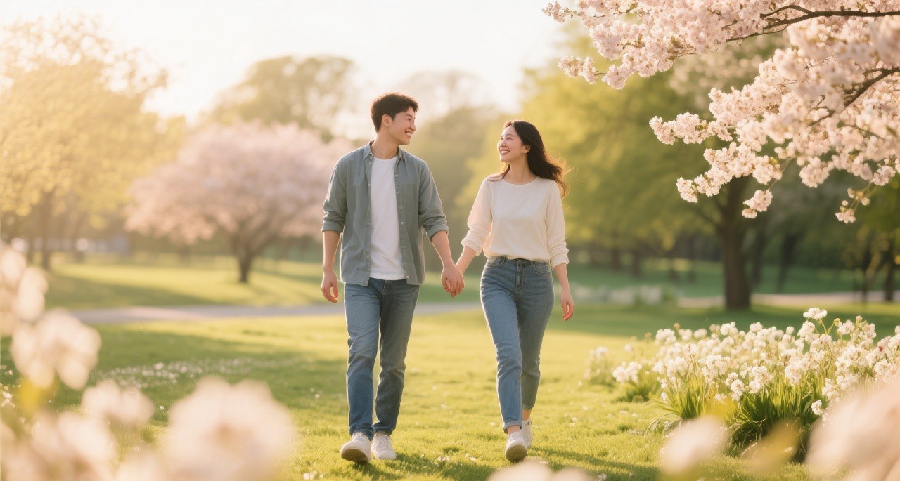 A happy couple walking hand in hand through a spring park with blooming flowers, representing relationship growth