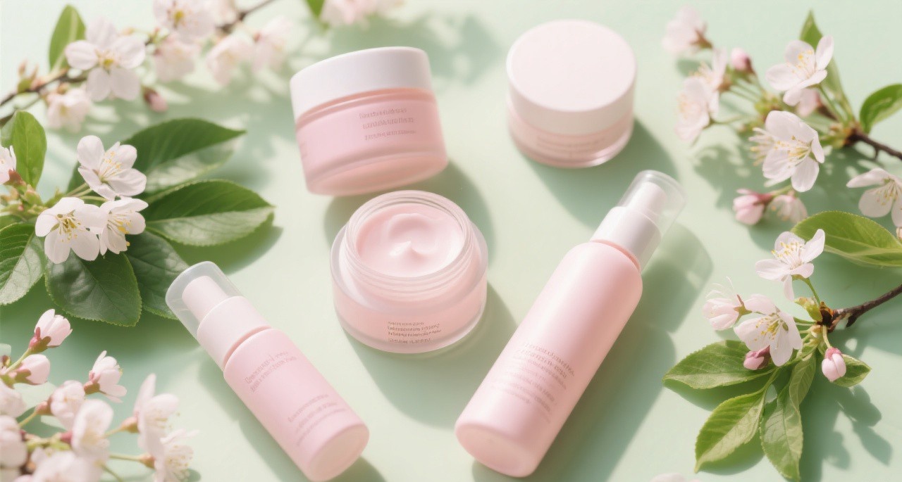 Skincare products arranged with fresh spring flowers and green leaves