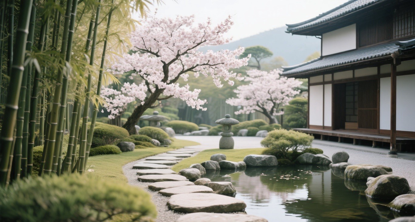 宁静的日式春日庭院，樱花盛开，禅意氛围
