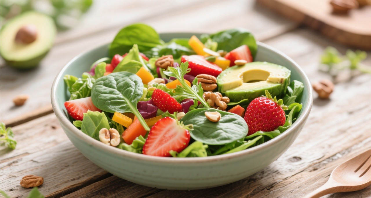Healthy spring salad with fresh vegetables and fruits on wooden table