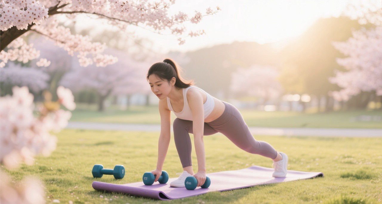 Person doing outdoor spring workout in a park with cherry blossoms