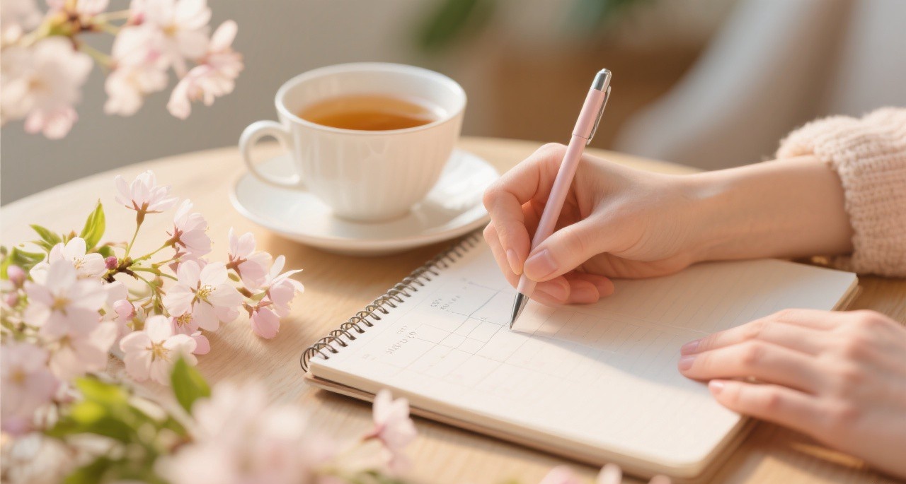Person writing in a notebook with spring flowers, planning and goal setting