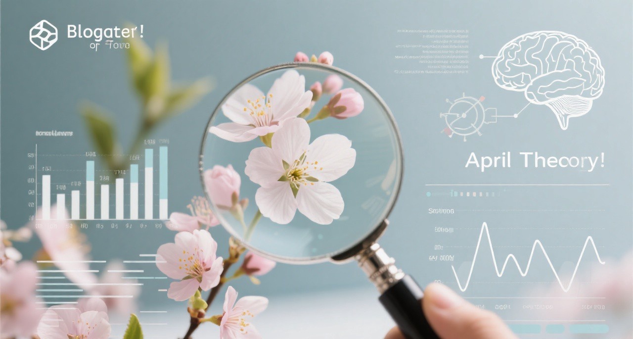 A magnifying glass examining spring flowers and scientific charts, representing the science behind April Theory