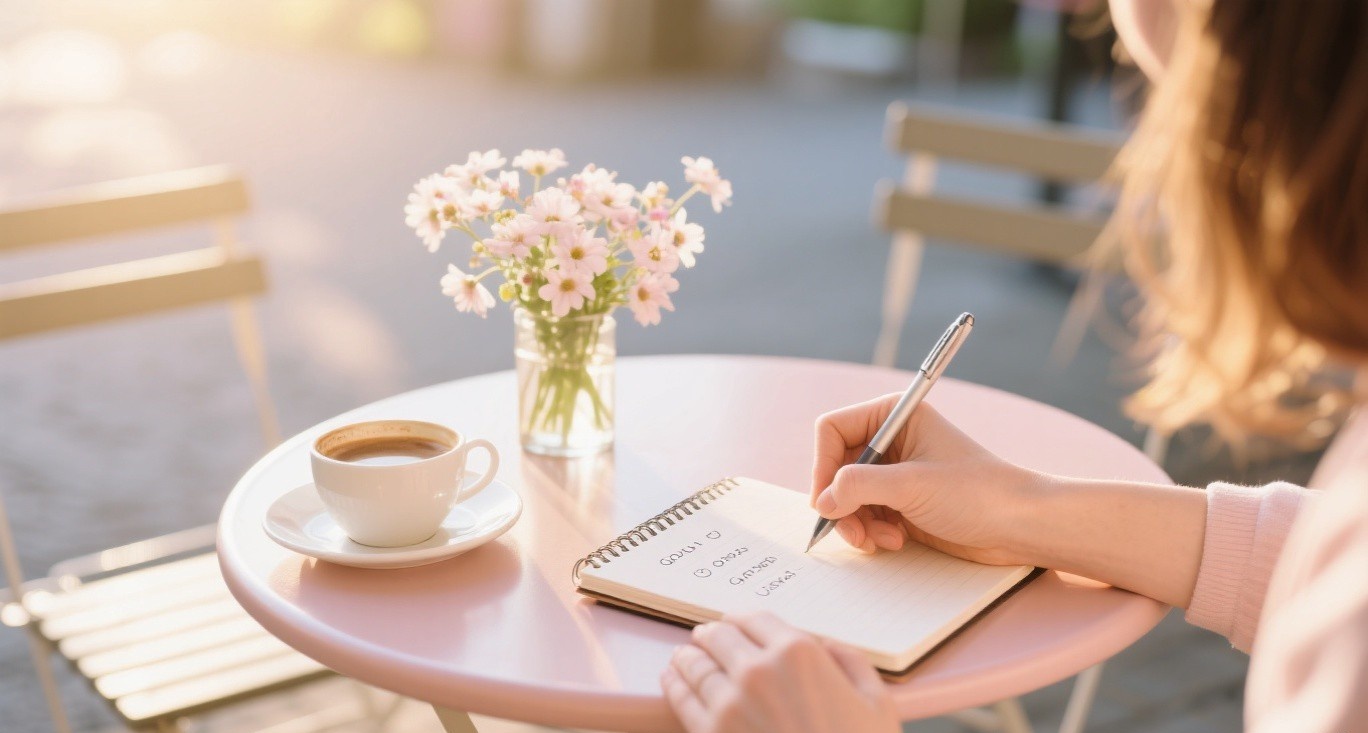 Persona escribiendo en un diario con flores de primavera, planificación de metas