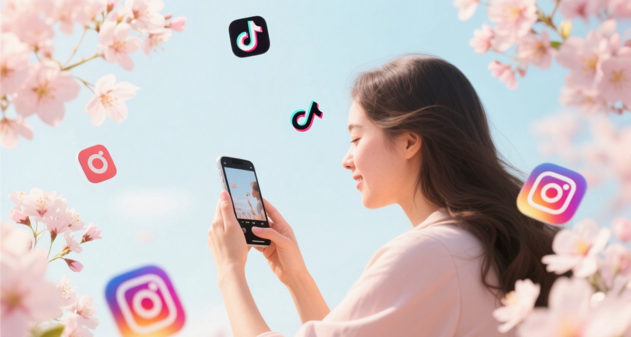 A person creating content on smartphone with spring flowers, representing the TikTok origin of April Theory